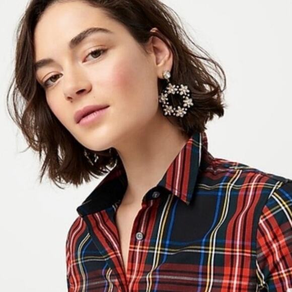 J. Crew Women's Slim Stretch Perfect Shirt in Black Stewart Tartan Plaid Size 2 - Picture 10 of 13
